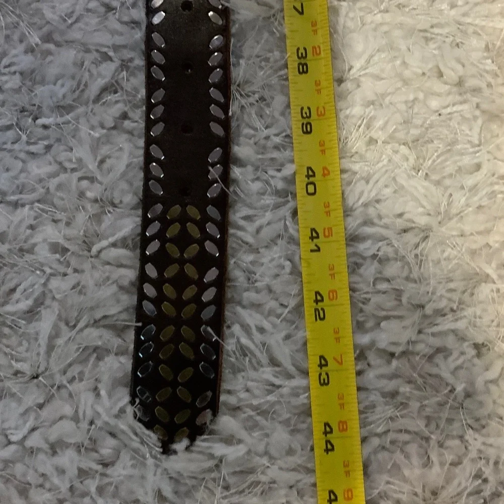 Brown Leather Studded Floral-Pattern Belt with Gold Buckle